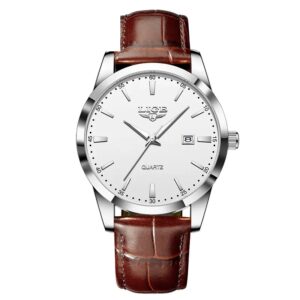 Relógio Lige Masculino Couro Minimalista Branco e Prata