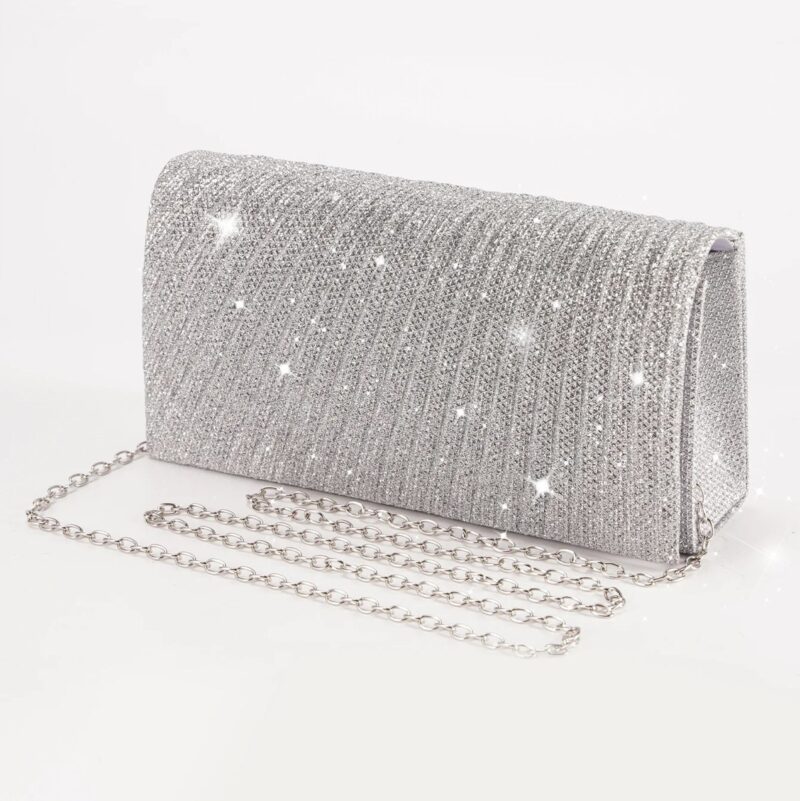 Clutch Feminina Strass Prata com Corrente