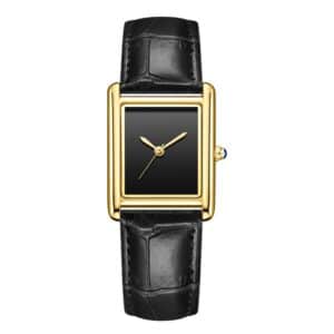 Relógio Feminino Retangular Dourado Couro Preto